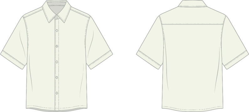Technical fashion illustration of a light beige short sleeve button down shirt