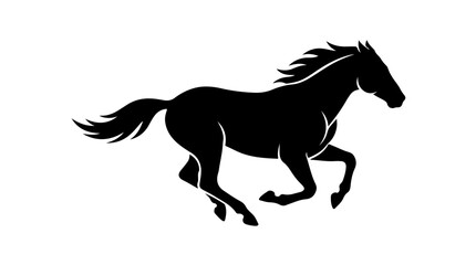Running horse silhouette illustration showing dynamic motion with flowing mane and tail representing speed, freedom, and strength in black © Toqeer