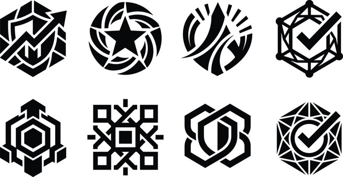 Set of abstract geometric logo templates and modern badge designs for corporate branding, technology, and security concepts