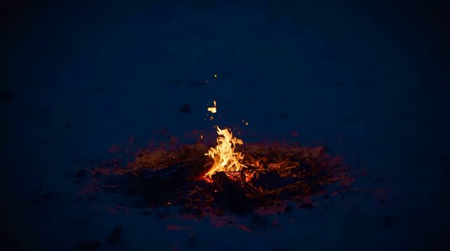 Fire leaps brightly against deep blue snow