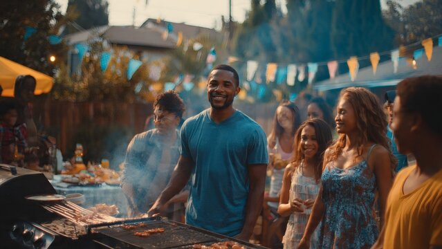 Happy friends gather for an outdoor summer barbecue party in a backyard filled with festive decorations and laughter.