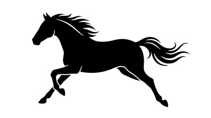 Running horse silhouette illustration showing dynamic motion with flowing mane and tail representing speed, freedom, and strength in black © Toqeer