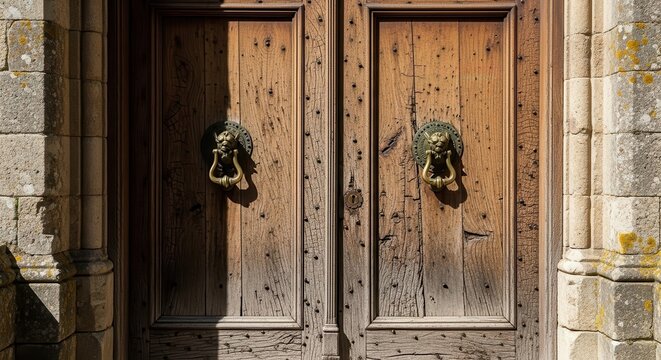 Ancient Ornate Wooden Doors with Lion Brass Knockers