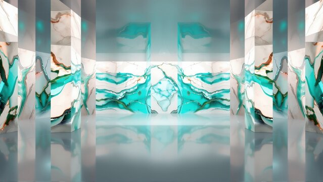 Abstract room features marble walls, turquoise veins, reflective floor. Symmetry creates illusionary space, dramatic lighting enhances texture.