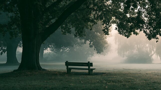 A lonely wooden bench stands under a large tree in a foggy park. It represents themes of solitude, silence, and peace.