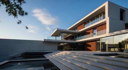Fototapeta premium Modern house with large pool and wooden accents under blue sky