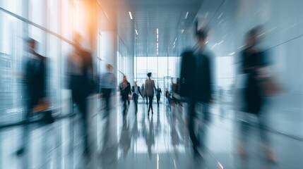 Fototapeta premium Bright modern business workplace with people walking in blurred motion inside contemporary office space