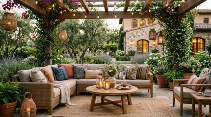 Obraz premium A cozy outdoor patio with a pergola, potted plants, and a wooden table with candles.