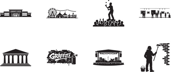 Urban culture line icon set featuring street art mural symbols for modern city lifestyle and design. © MdMoziber