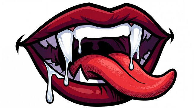 Vibrant vampire mouth illustration showing sharp fangs and long red tongue on transparent background