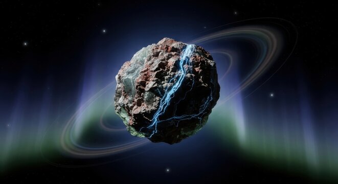 A large asteroid hurtles through space with a glowing ring around it