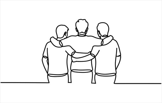 Continuous line drawing of three male friends hugging each other as a symbol of unity and friendship