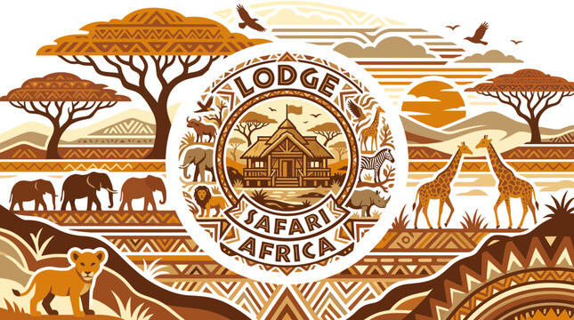 Circular African safari emblem with lodge and wildlife illustrations.