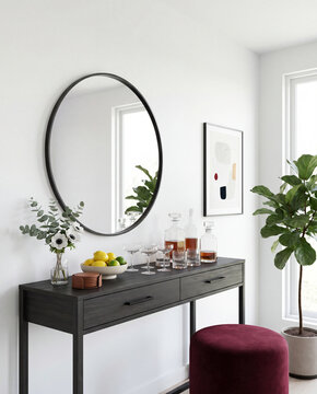 Elegant home bar with glassware and decanter styling in a bright modern interior