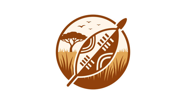 Circular Maasai shield and spear logo with savanna landscape.
