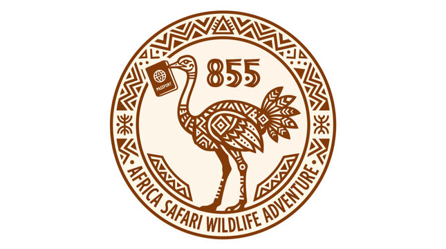 Circular ostrich emblem with African safari adventure typography.