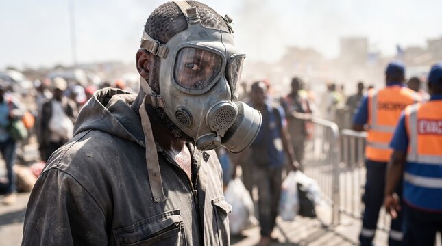 A person wearing a gas mask stands at the center of a busy area, surrounded by people carrying bags. The atmosphere is tense as dust and commotion fill the air, reflecting urgency and resilience.