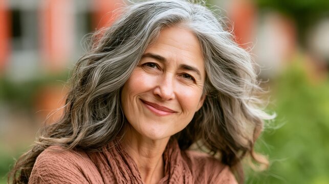 Mature woman smiling, embracing natural aging gracefully outdoors