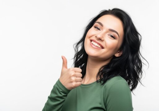 Smiling woman, green shirt, thumbs up, approval gesture, happy face