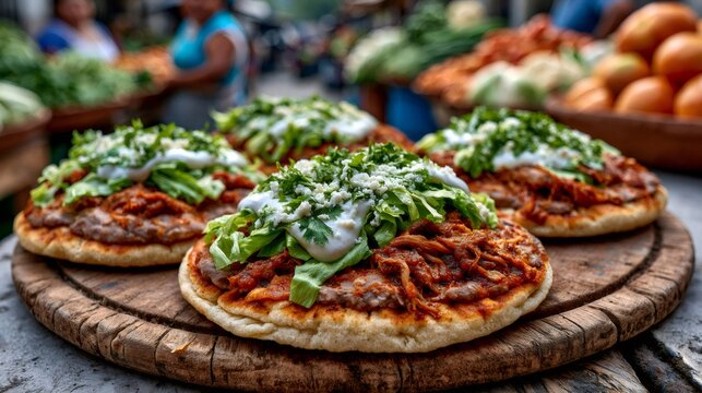 Mexican sopes street food with various toppings