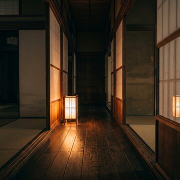 Traditional Japanese Ryokan Hallway At Night With Andon Lantern