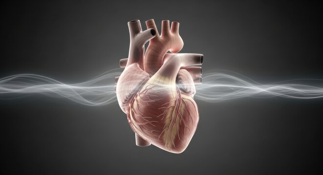 A medical illustration of a human heart with glowing lines on a dark background