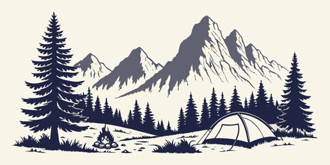 Snowy mountain camping landscape with pine trees and tent © AF