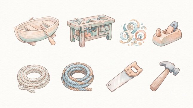 Artisan Workshop Essentials Delightful Hand-Drawn Illustrations Featuring Woodworking Tools, Craft Supplies, Boat Building Elements, and DIY Project Gear
