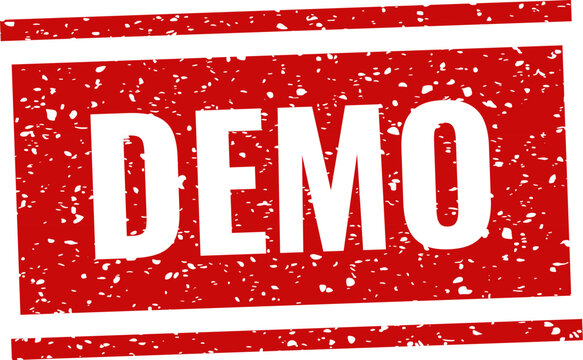 Red 'demo' stamp with stars product sample and trial marketing graphic