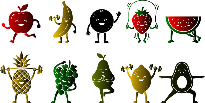 A collection of cute cartoon fruit characters doing fitness exercises, featuring a running apple, a weightlifting banana, a jumping strawberry, yoga pear, and avocado.