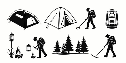 Set of five minimalist depicting camping and outdoor adventure activities tent backpack hiking campfire © AF