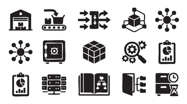 Industrial icons, business symbols, workflow signs, production marks, factory labels, 20 black vector graphics
