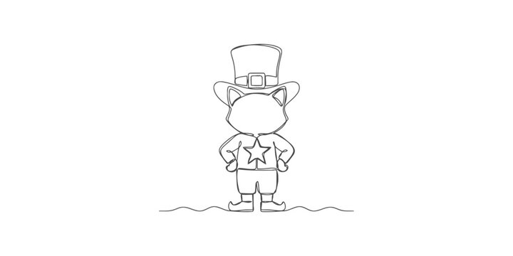Single continuous line drawing of a cute cat wearing a leprechaun hat and a shirt with a star symbol