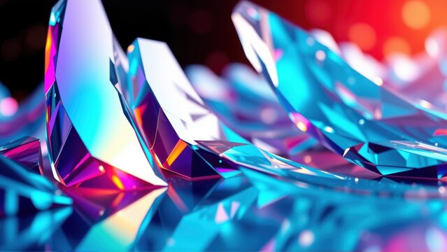 Abstract crystal formations, vibrant colors, dramatic lighting. Reflective surfaces create intriguing visual texture. Dark background emphasizes brilliance.