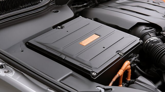 A high voltage battery pack installed under the hood of an electric car. EV technology for automotive industry.