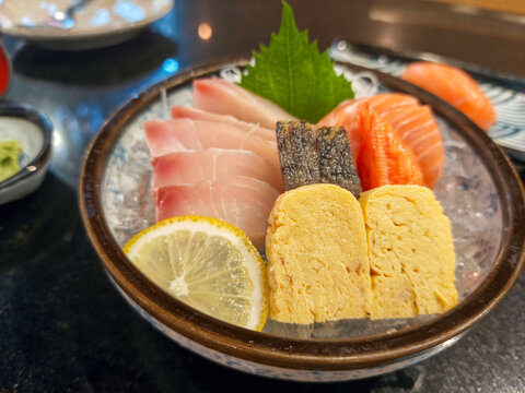 Assorted Japanese Sashimi Platter with Salmon Nigiri, Tamagoyaki and Fresh Seafood