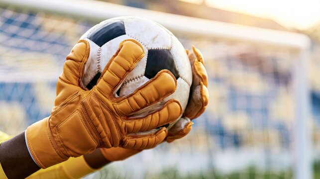 Professional goalkeeper in bright orange gloves catching a soccer ball during intense sports action