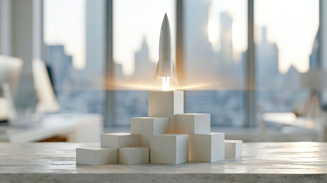Minimalist office workspace with white blocks forming a launch platform for a modern rocket