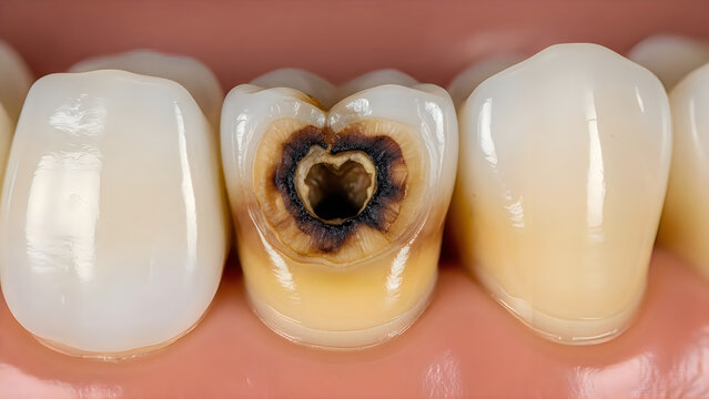 Closeup view of a human molar tooth showing severe decay and a large cavity with dark brown discoloration and structural damage