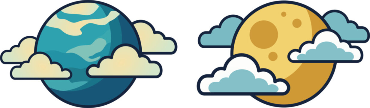 Planet and Moon with Clouds Flat Vector Icon Set