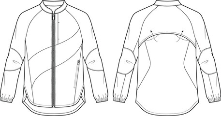 Technical Flat Sketch of Lightweight Zip Front Performance Jacket with Raglan Sleeves Front and Back Views © Akhi999