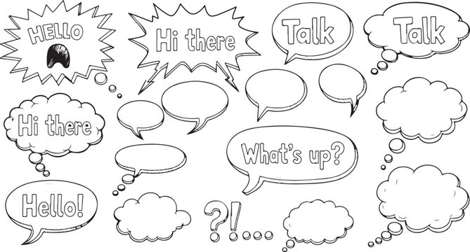 A vector collection of hand-drawn black speech bubbles, thought clouds, and chat icons featuring phrases like "Hello", "Hi there", "Talk", and "What's up?" on a white background.
