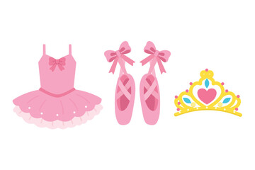 Cute ballerina elements set with pink ballet tutu dress point shoes and golden princess tiara crown flat vector illustration isolated on white background © bytaristudio