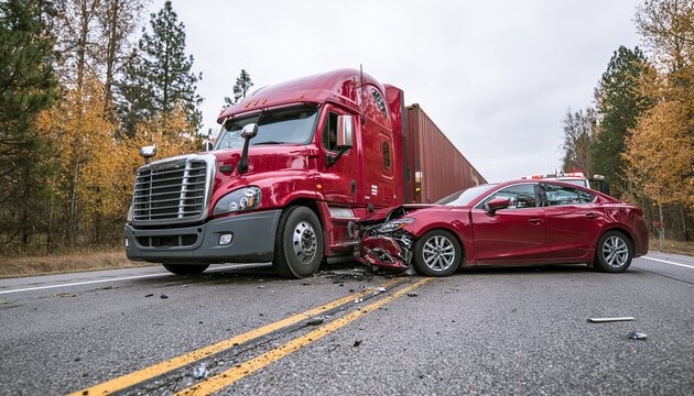 Red semi truck crash with damaged car on road shoulder