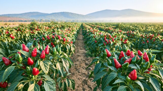 Rows of vibrant cayenne pepper plants with red and green chili peppers on organic farm at sunrise