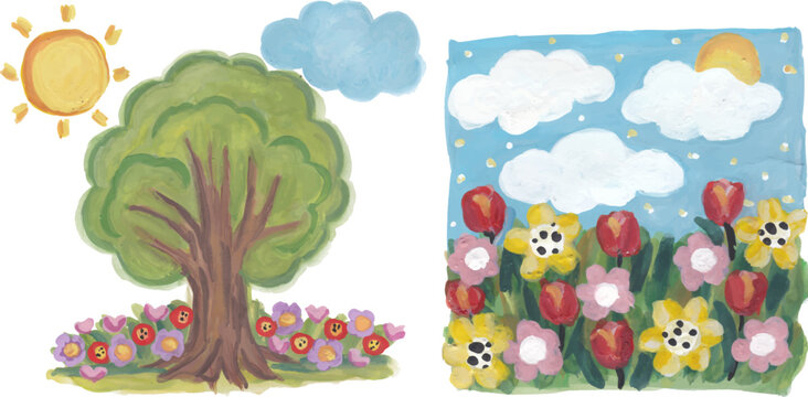 Tree and flower fields cute hand drawn watercolor art