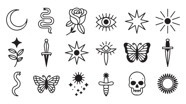 Collection of minimalist black and white tattoo-style including moon, snake, rose, eye, sun, butterfly, dagger, skull, and starbursts