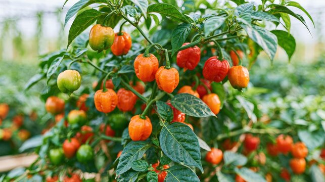 Habanero pepper plant with vibrant fruits in various ripening stages in a greenhouse setting