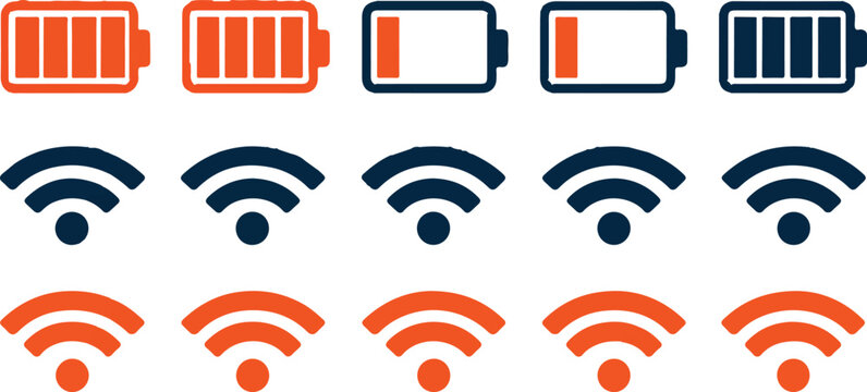 Status icons including battery energy levels and wireless signal strength bars for electronic devices and network connectivity UI.