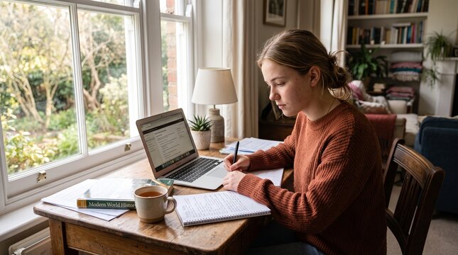 Teenage girl studies at home with a laptop and notebooks near a bright window. The peaceful workspace reflects independent learning and modern education.